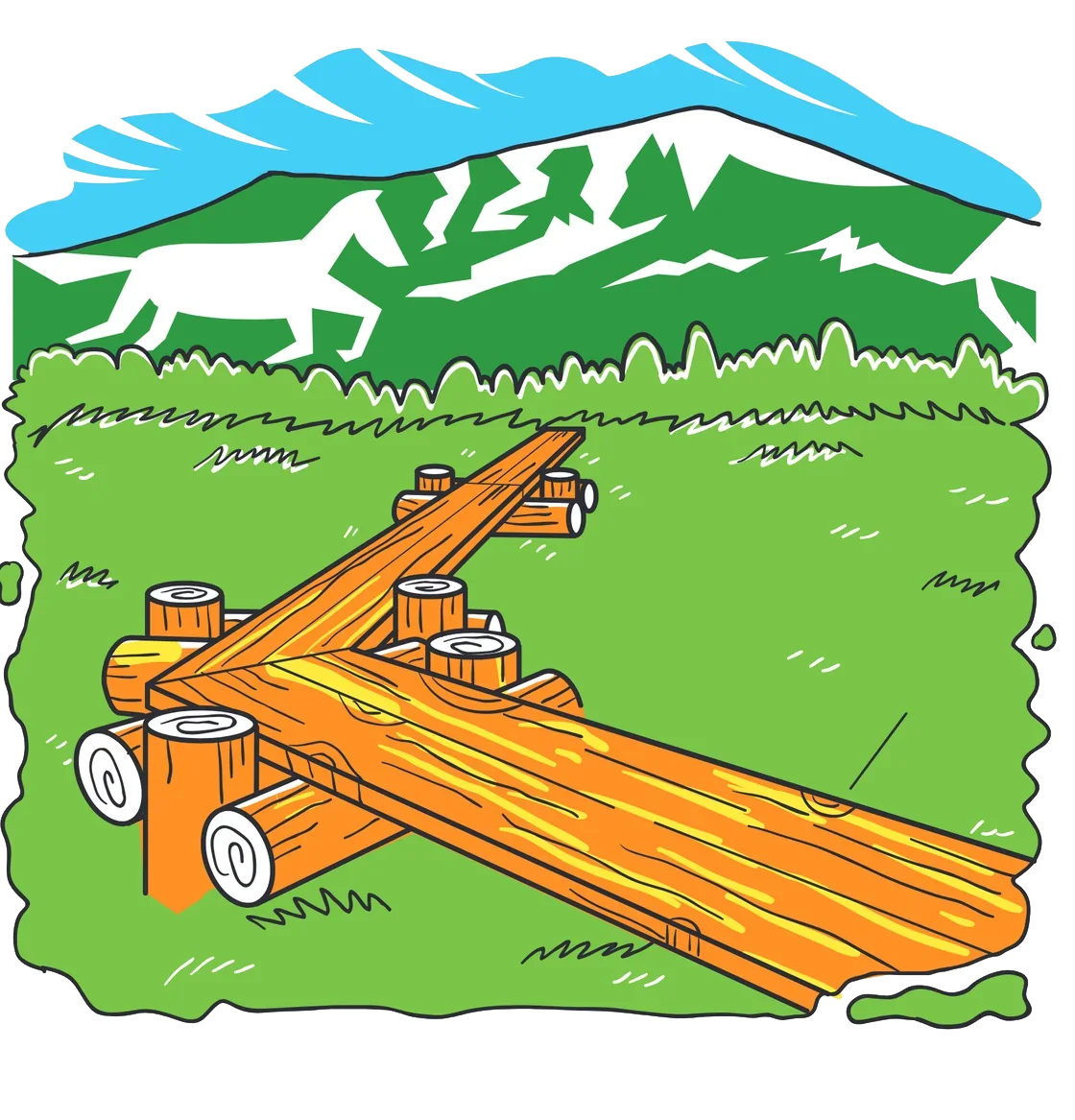栗駒山と世界谷地の木道のイラスト